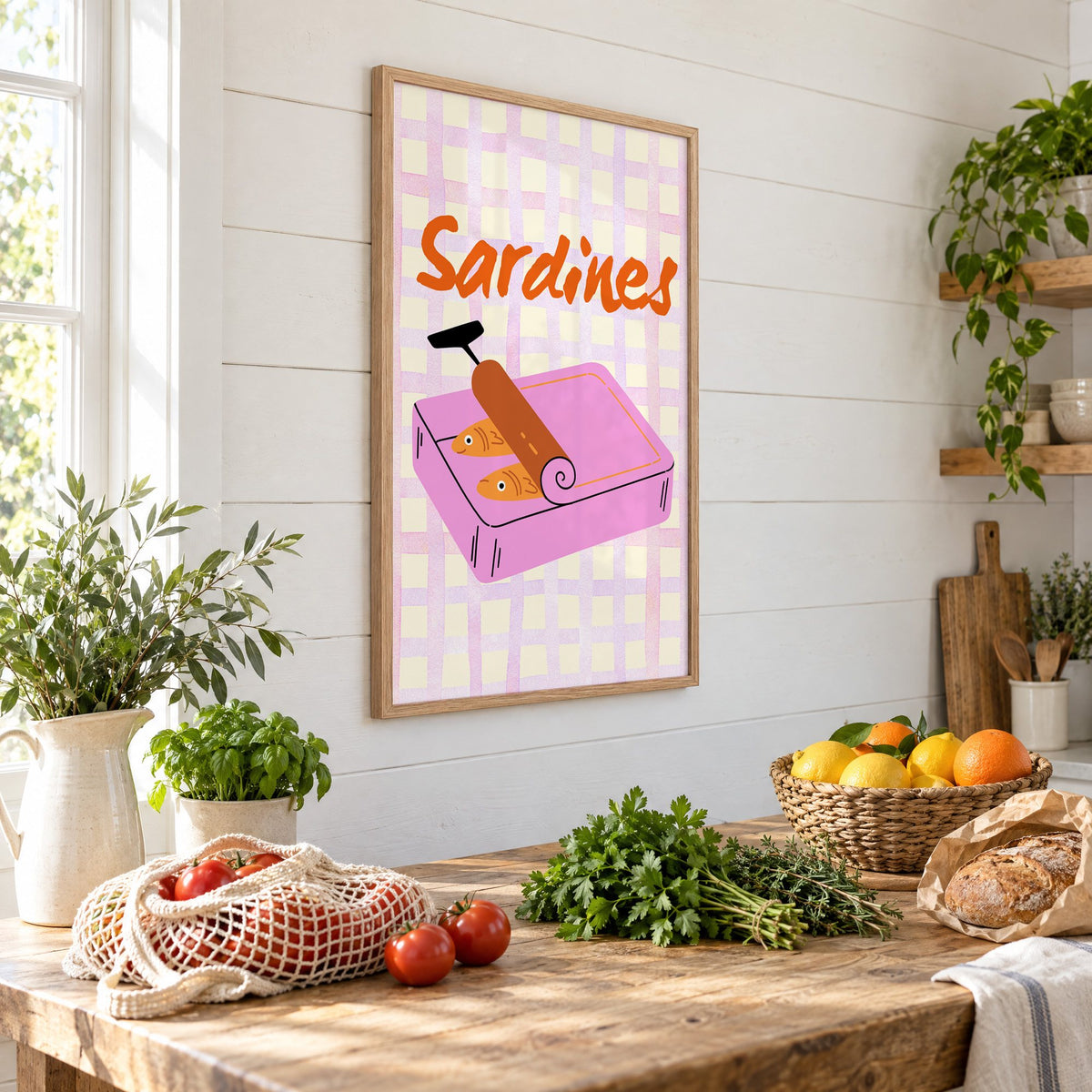 Sardines pink tin on gingham print in an oak frame on a shiplap wall above a farm table with market tomatoes and citrus, seen at an angle