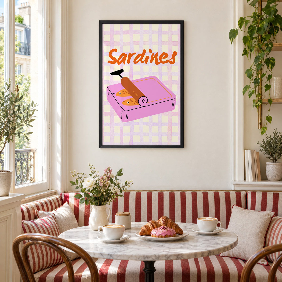 Sardines pink tin on gingham print in a black frame above a striped cafe breakfast nook with cappuccino and pastries