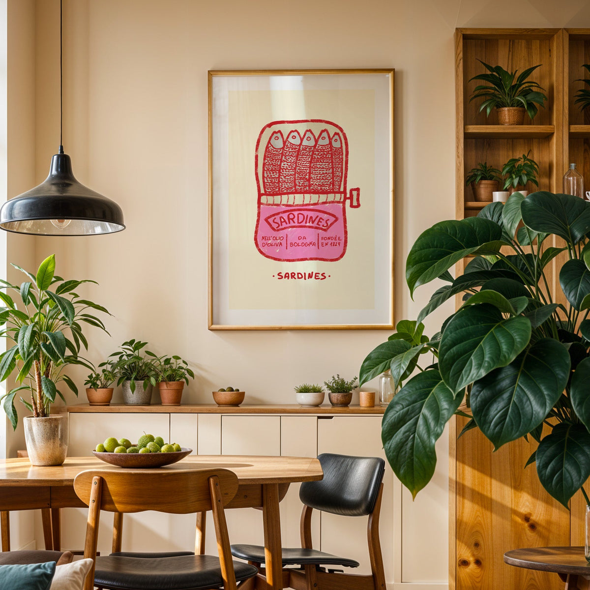 Pink sardine tin print in an oak frame above a sideboard in a plant-filled dining room