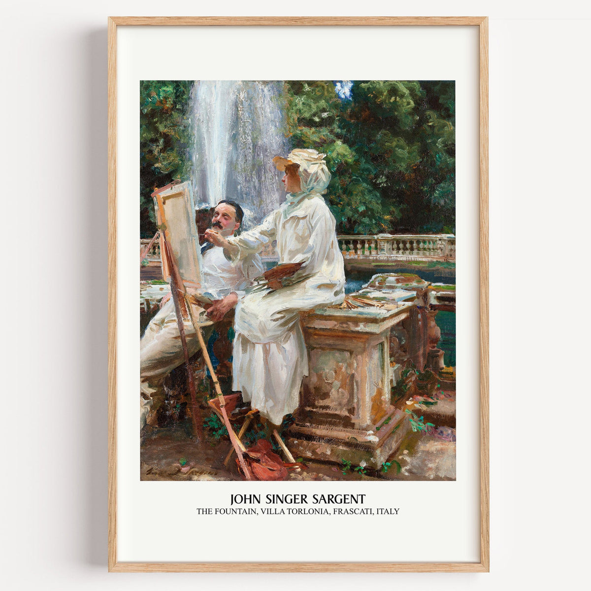 John Singer Sargent The Fountain Villa Torlonia print in a light oak frame on a white wall