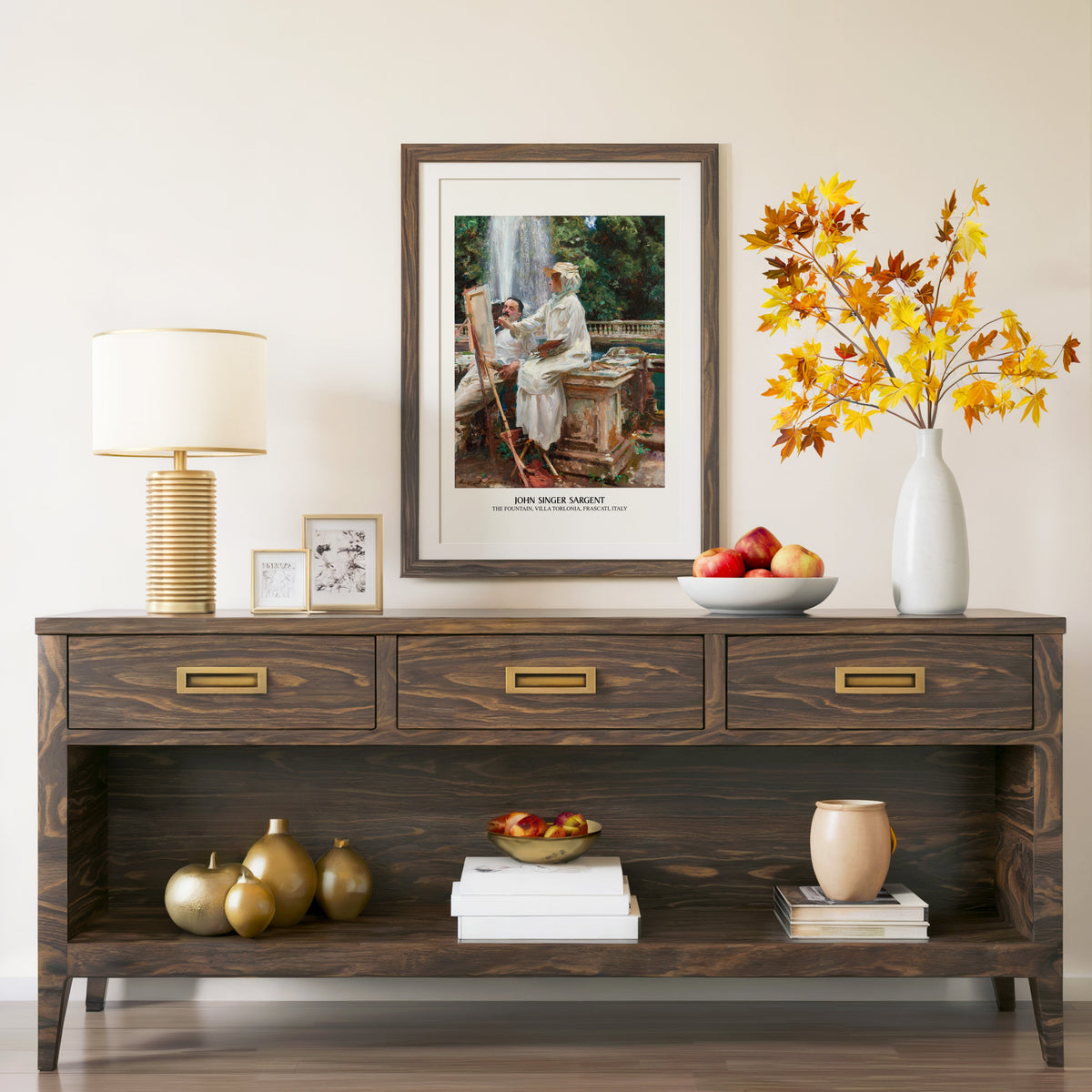 The Fountain Villa Torlonia print in a walnut frame above a console with autumn branches