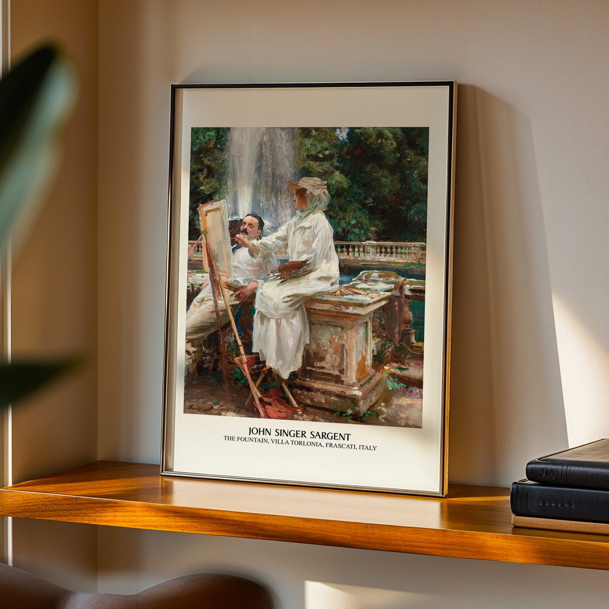 Sargent Italy print in a black frame on a walnut shelf in evening light