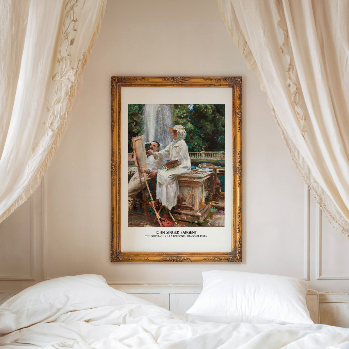 Sargent fountain print shown in an ornate gold frame above a canopy bed