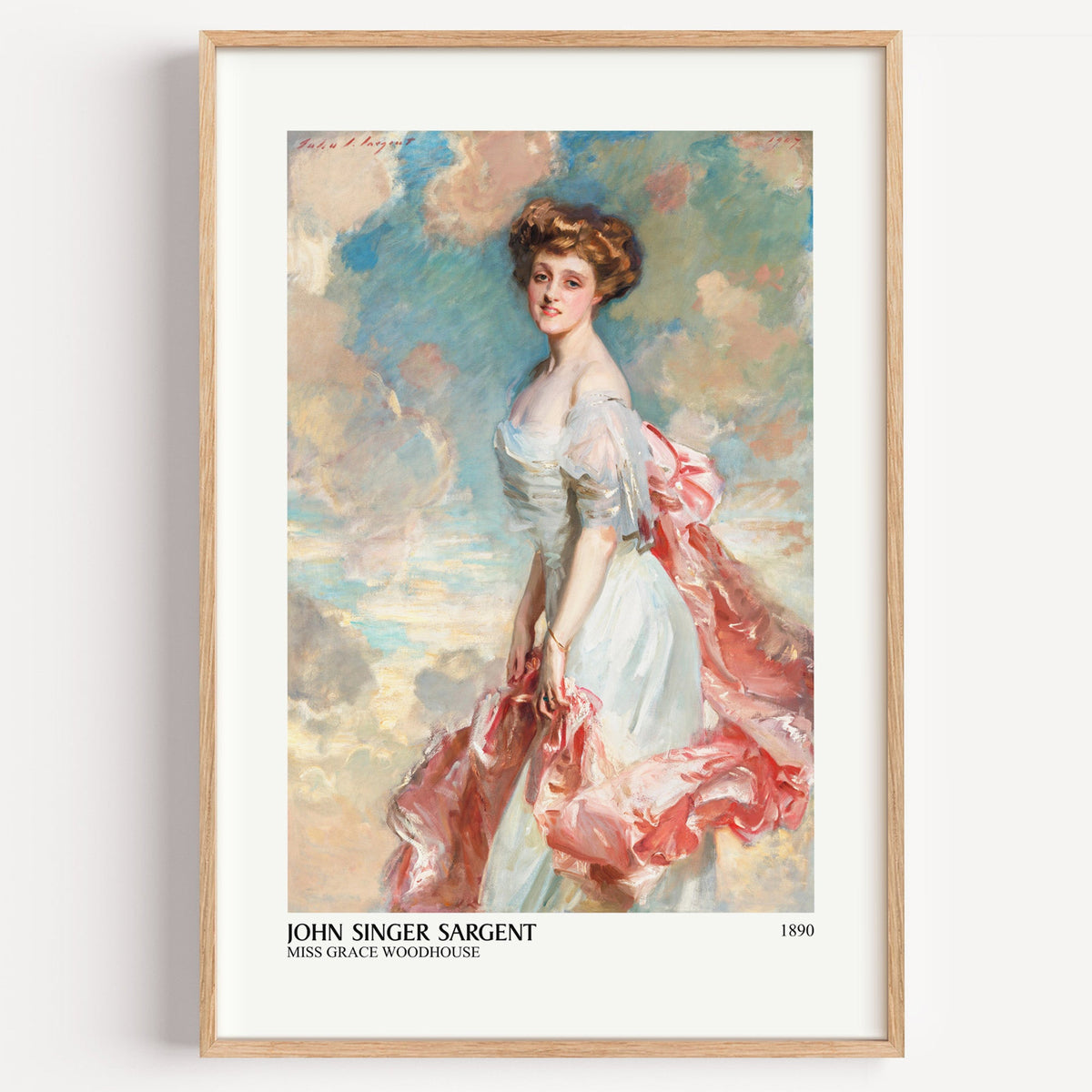 John Singer Sargent Miss Grace Woodhouse portrait print in a light oak frame on a white wall