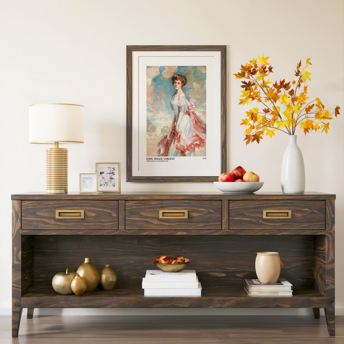 Miss Grace Woodhouse print in a walnut frame above a console with autumn branches