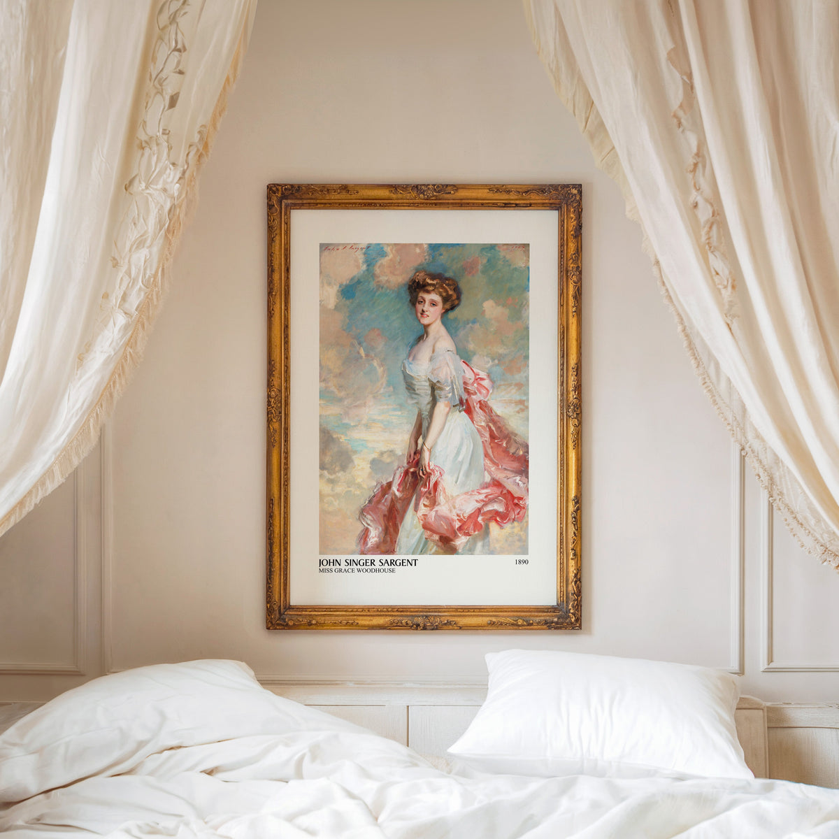 Sargent portrait print shown in an ornate gold frame above a canopy bed
