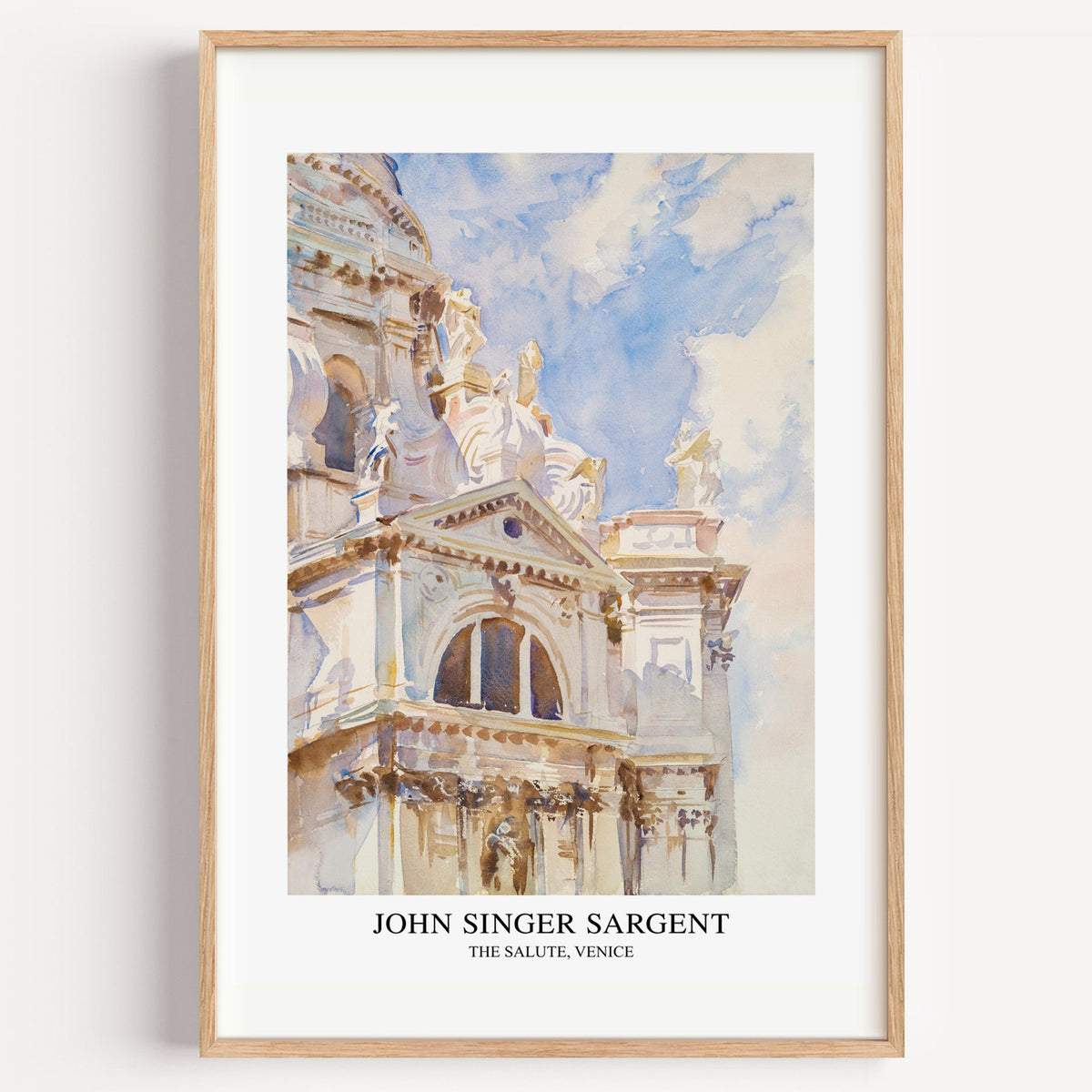 John Singer Sargent The Salute Venice watercolour print in a light oak frame on a white wall