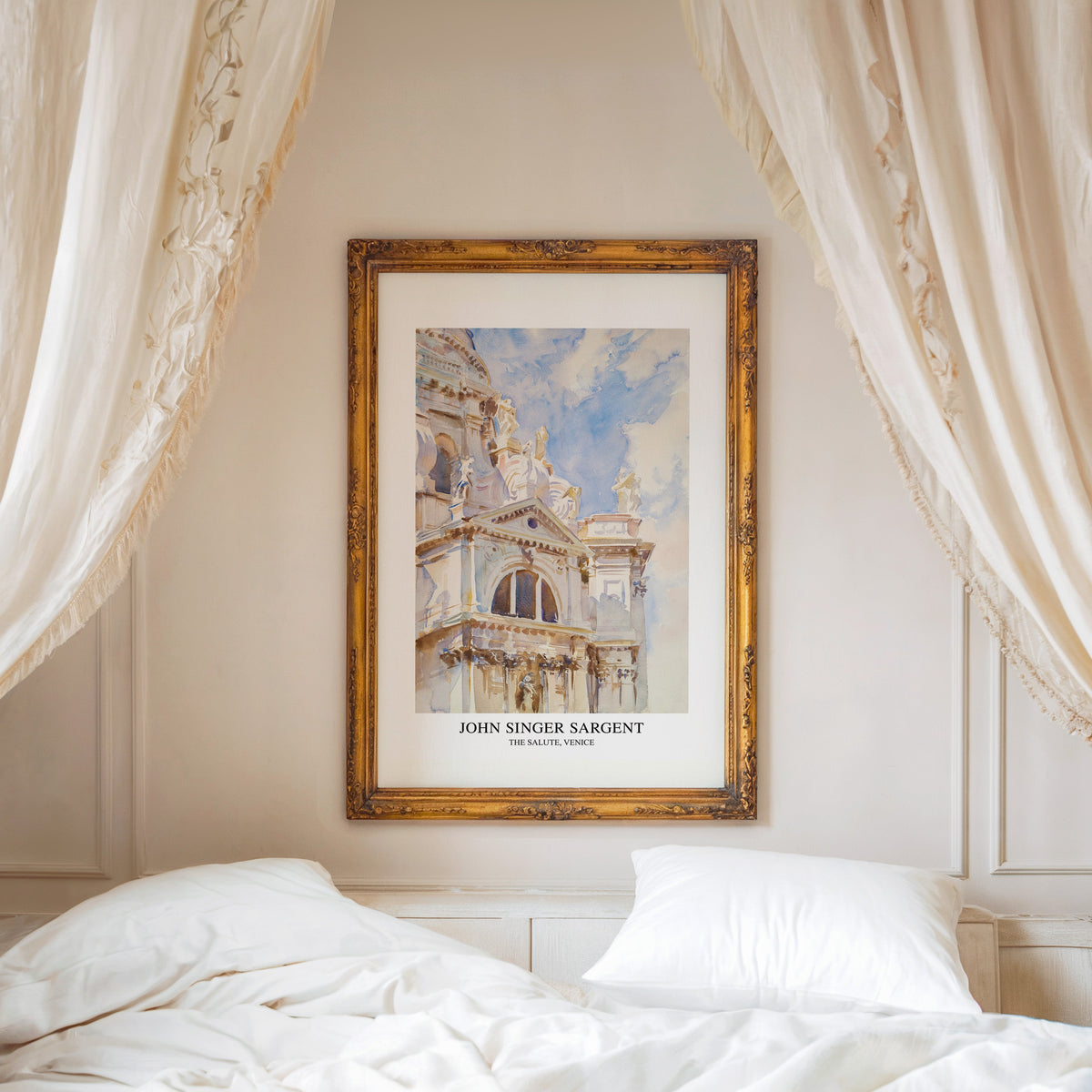 Sargent Venice watercolour shown in an ornate gold frame above a canopy bed