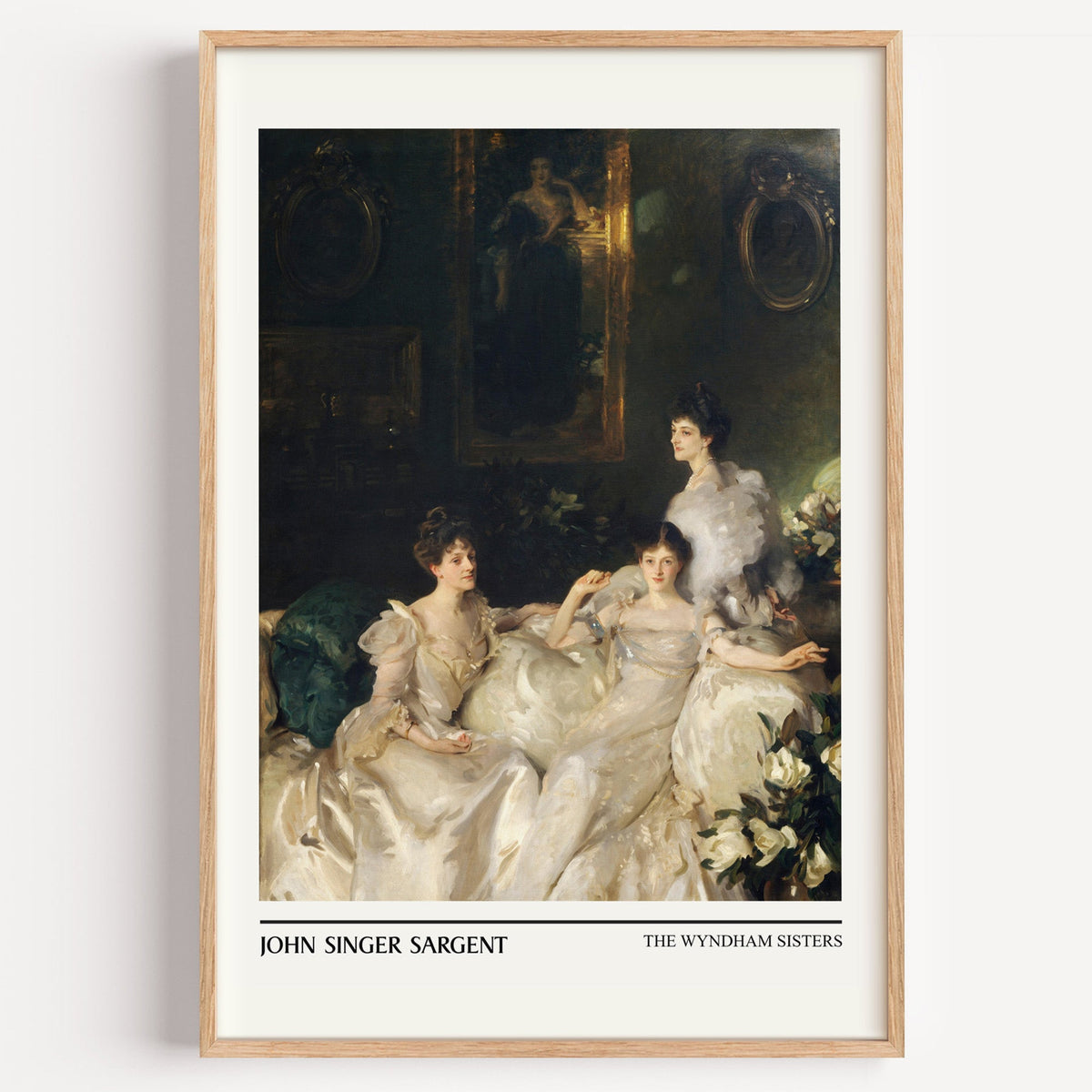 John Singer Sargent The Wyndham Sisters print in a light oak frame on a white wall