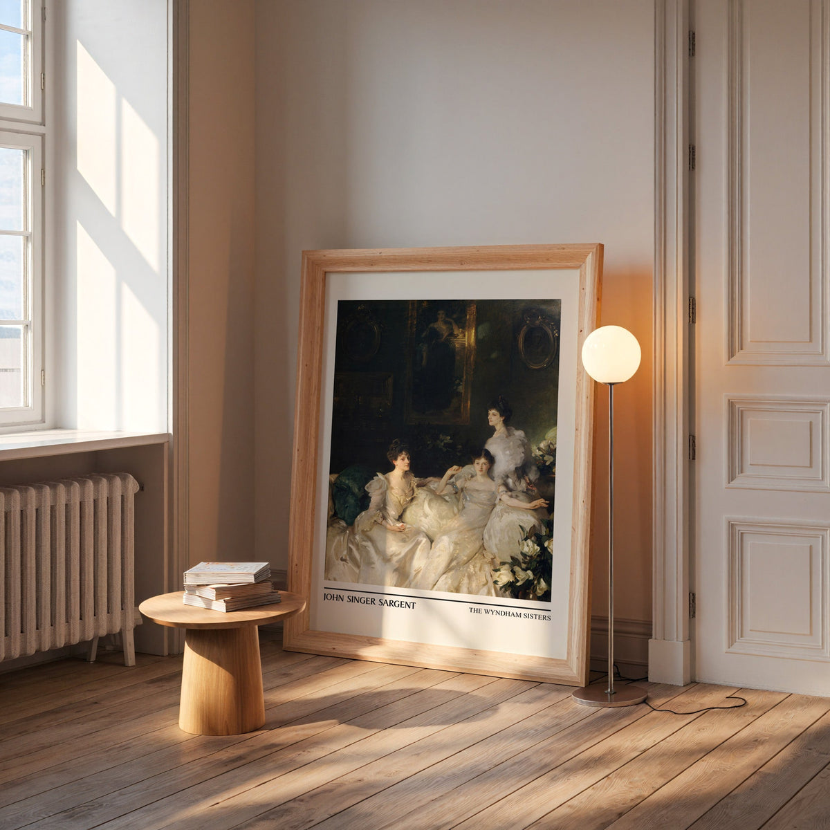 Wyndham Sisters print in a wide pine frame leaning by a sunlit window