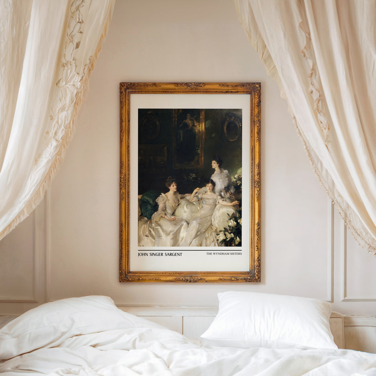 Sargent group portrait print shown in an ornate gold frame above a canopy bed