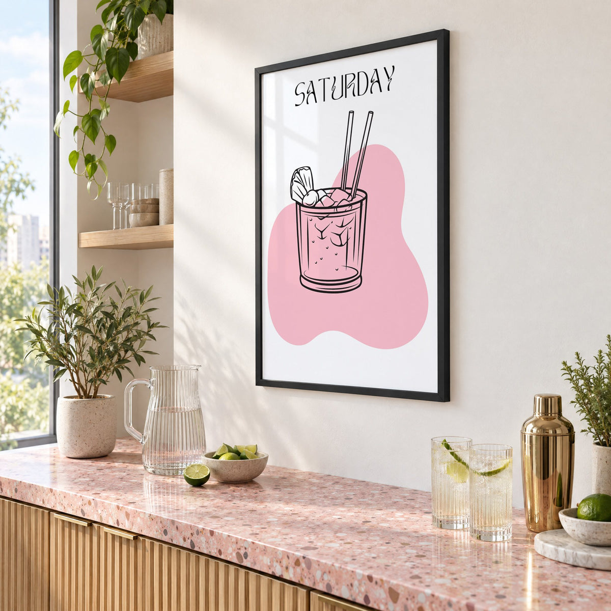 SATURDAY iced cocktail two straws print in a black frame above a pink terrazzo cocktail counter with limes, seen at an angle
