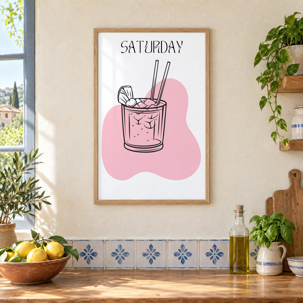 SATURDAY iced cocktail two straws print in an oak frame on a cream plaster wall above a worktop with a bowl of lemons and blue-and-white tiles