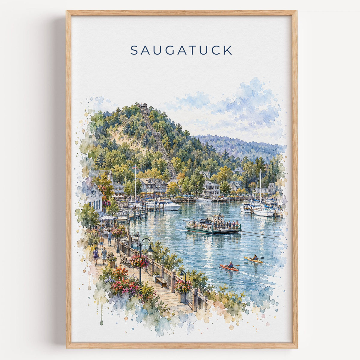 Saugatuck watercolor print in a light oak frame on a plain white wall