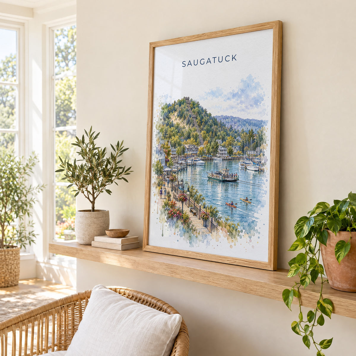 Saugatuck watercolor print in an oak frame on a picture ledge in a sunlit sunroom