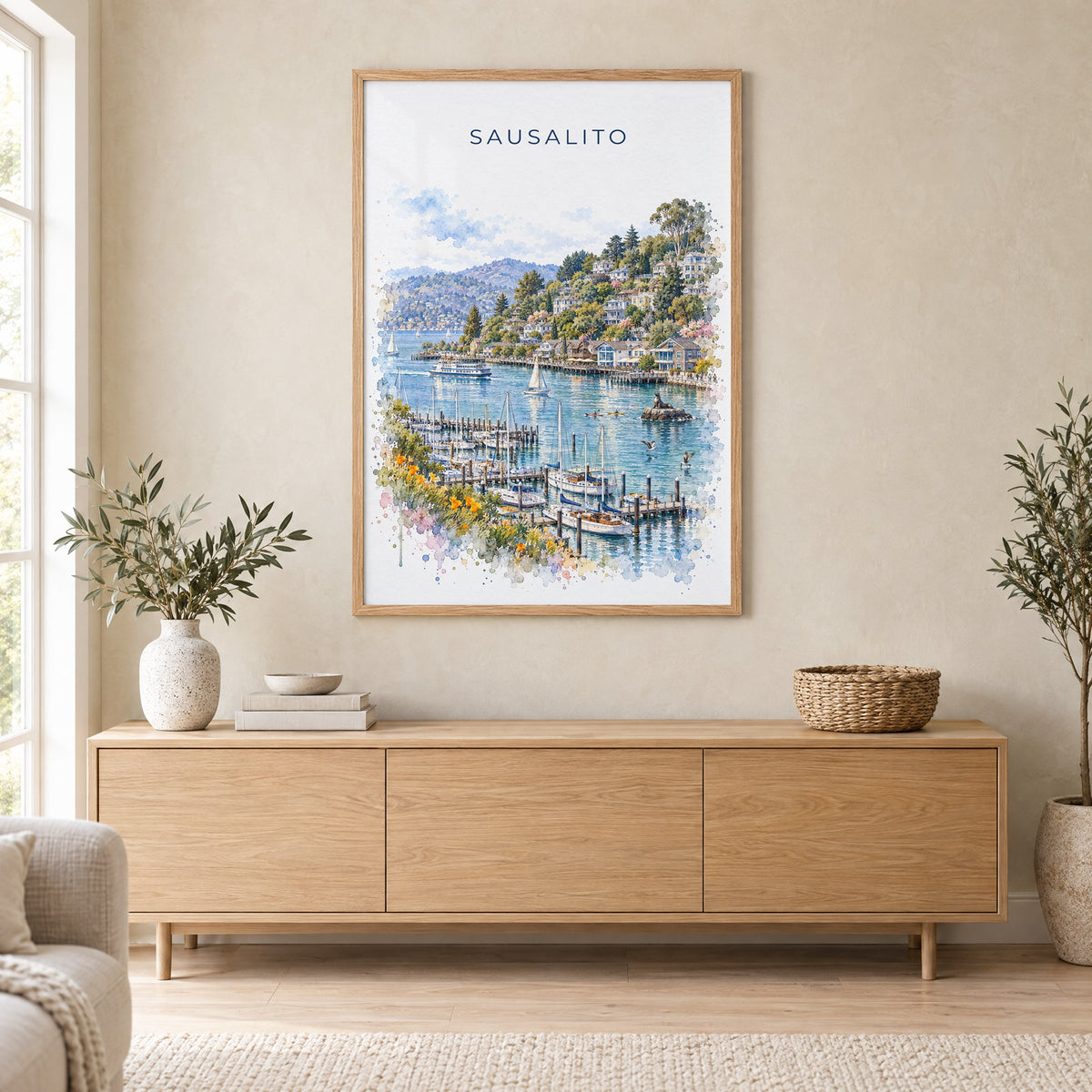 Sausalito watercolor print in an oak frame above a light wood sideboard in a Scandinavian living room