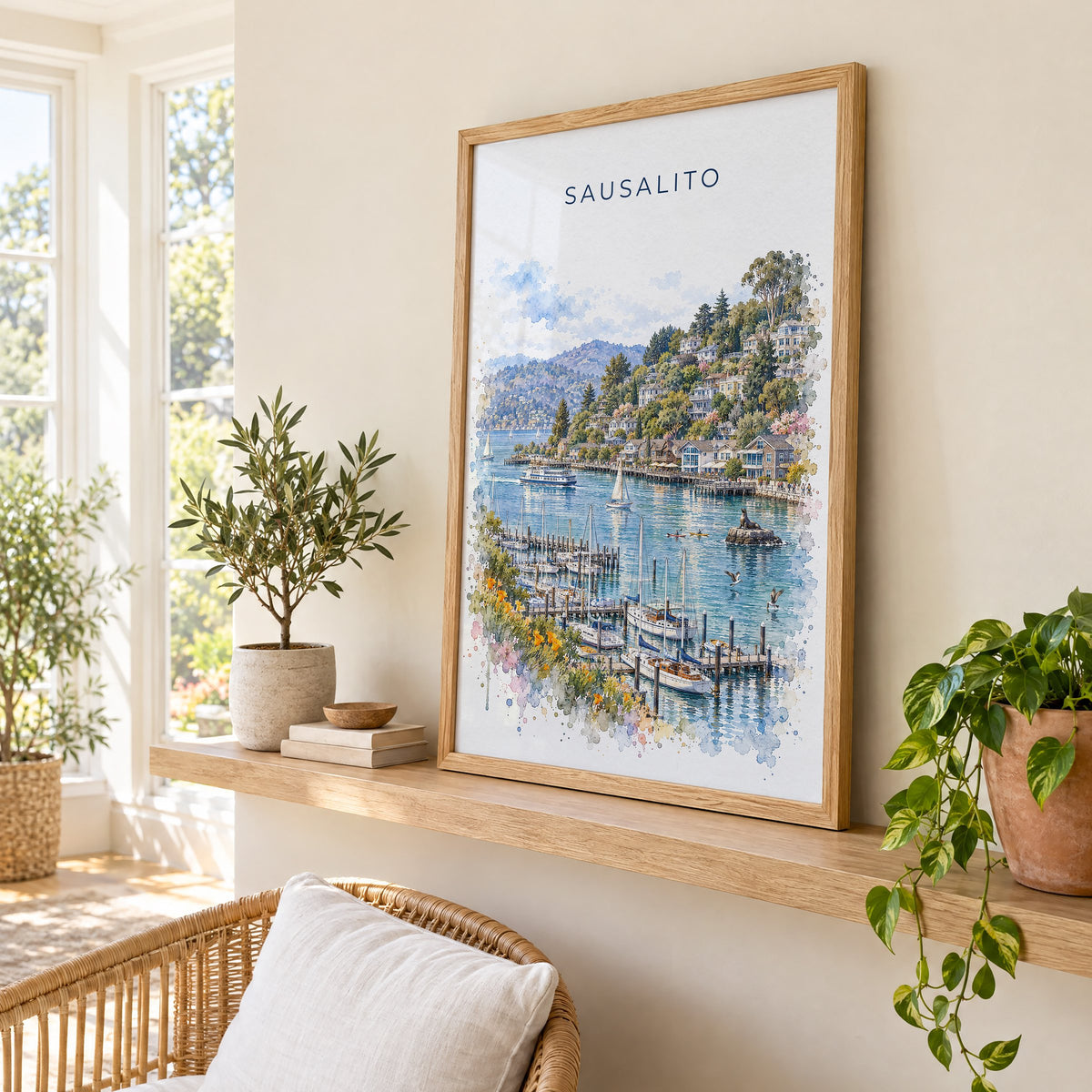 Sausalito watercolor print in an oak frame on a picture ledge in a sunlit sunroom