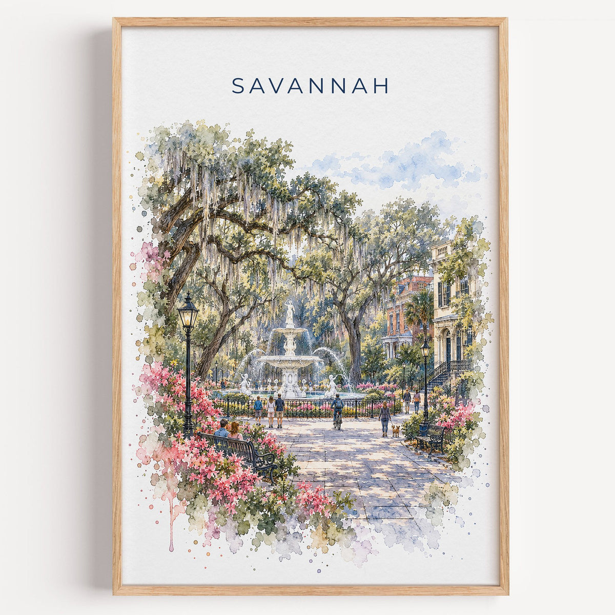 Savannah watercolor print in a light oak frame on a plain white wall