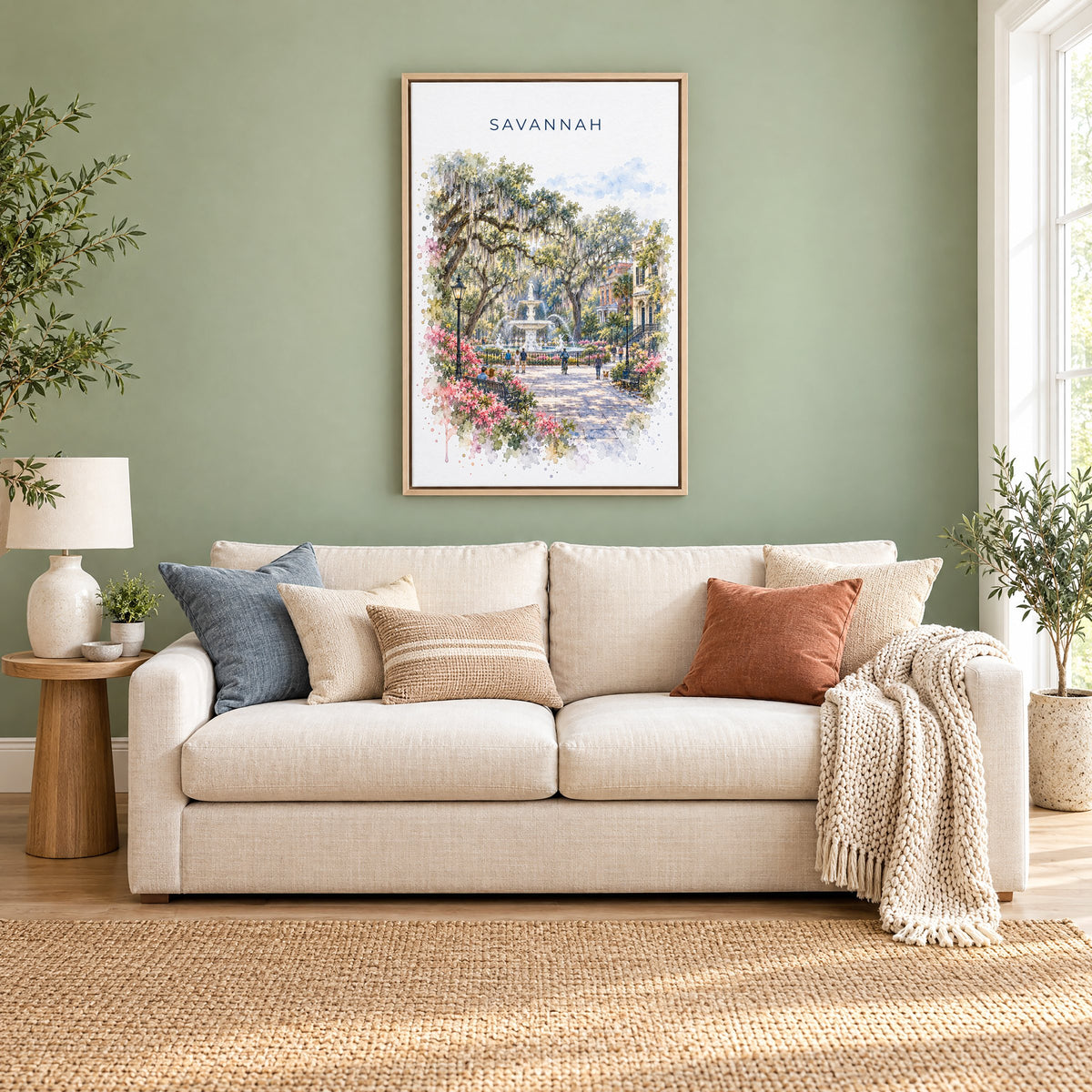 Savannah watercolor print as a natural floater canvas above a cream linen sofa on a sage green wall