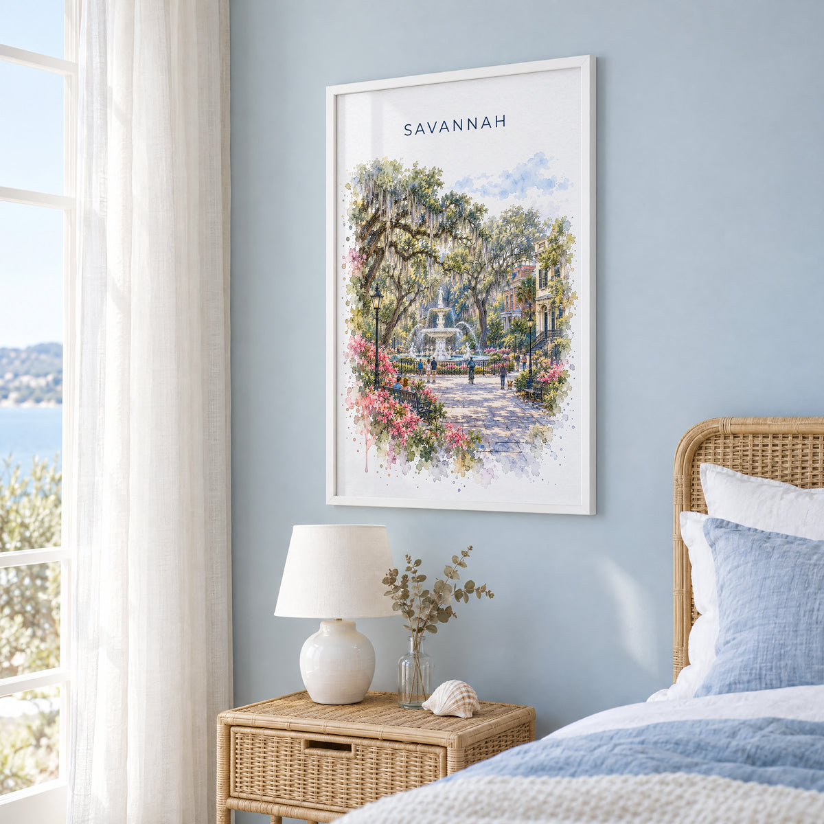 Savannah watercolor print in a white frame on a pale blue wall beside a rattan bed in a coastal bedroom