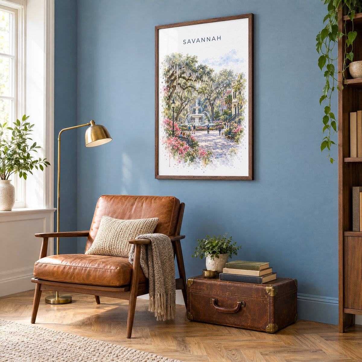 Savannah watercolor print in a walnut frame on a blue wall above a leather armchair in a reading nook