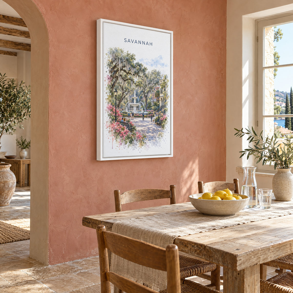 Savannah watercolor print as a white floater canvas on a terracotta wall above a rustic dining table