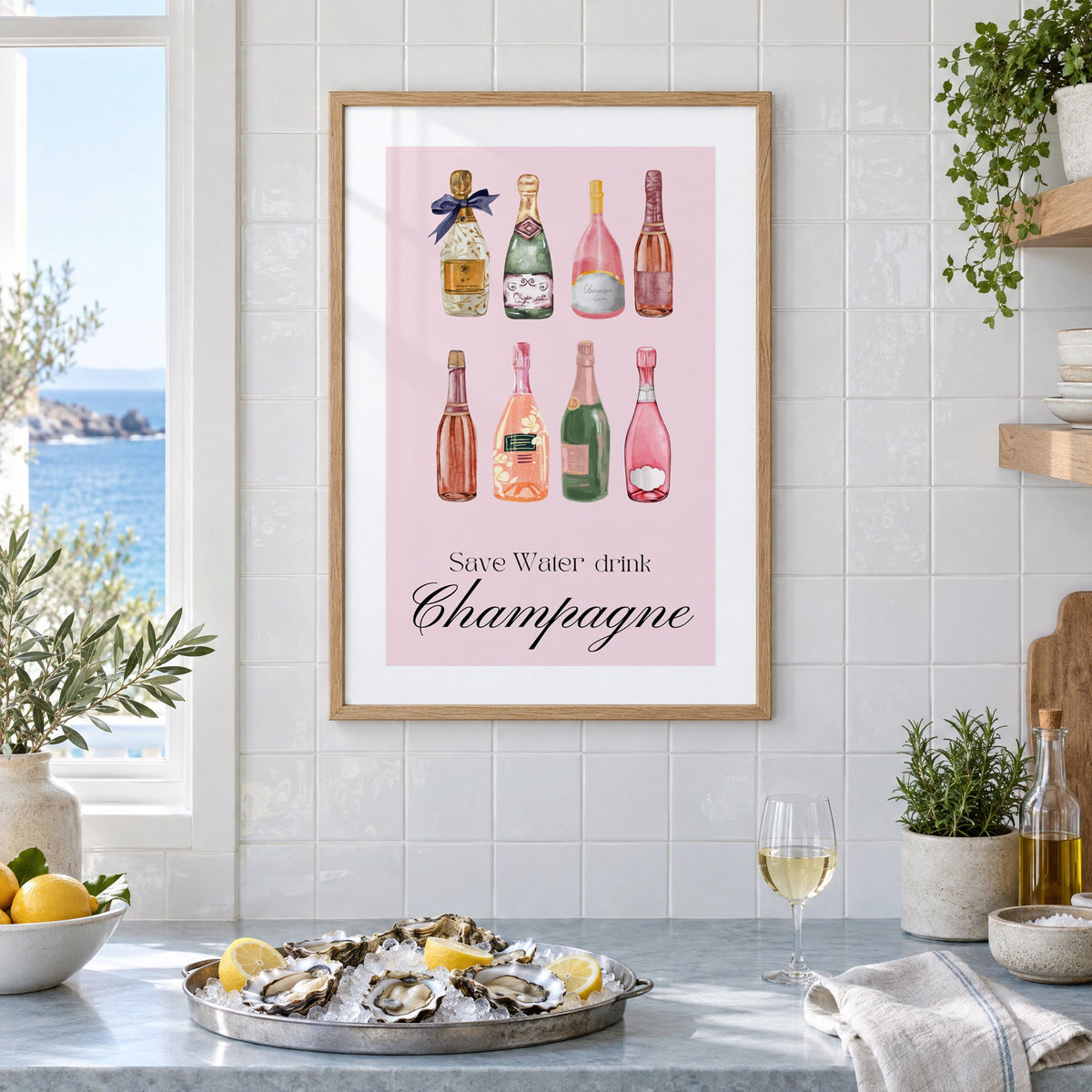 Save Water drink Champagne bottles watercolor print in an oak frame on white tiles above a marble counter with oysters and lemons by a sea view