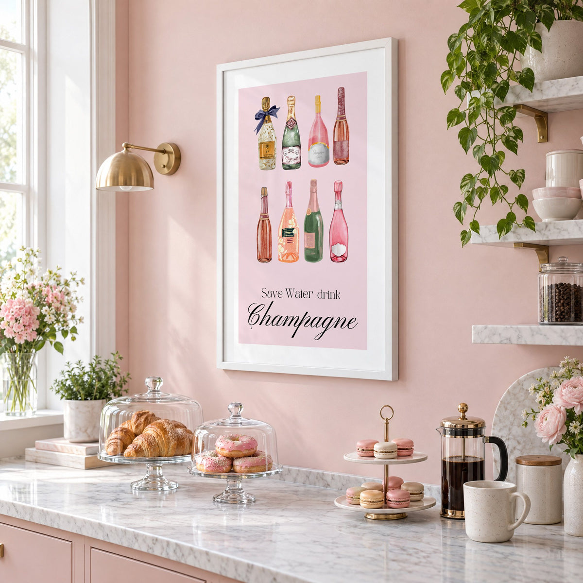 Save Water drink Champagne bottles watercolor print in a white frame on a blush pink wall above a patisserie counter with croissants and macarons, seen at an angle