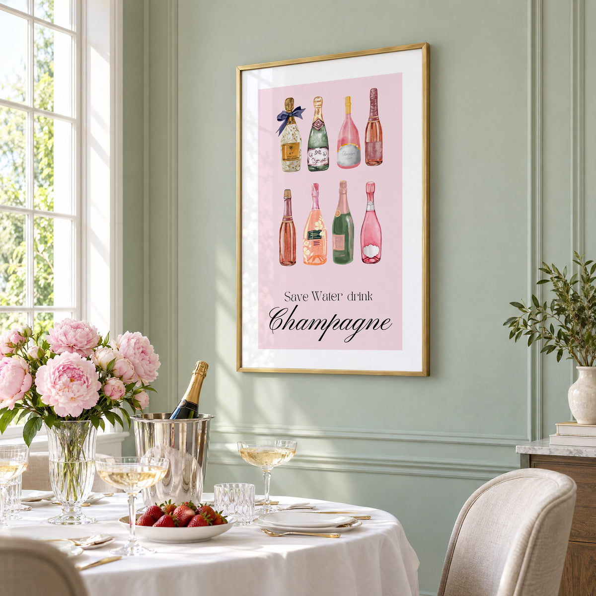 Save Water drink Champagne bottles watercolor print in a brass frame on a sage wall above a brunch table with champagne and peonies, seen at an angle