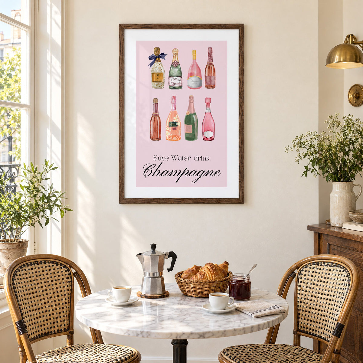 Save Water drink Champagne bottles watercolor print in a walnut frame above a marble bistro table with croissants and rattan chairs