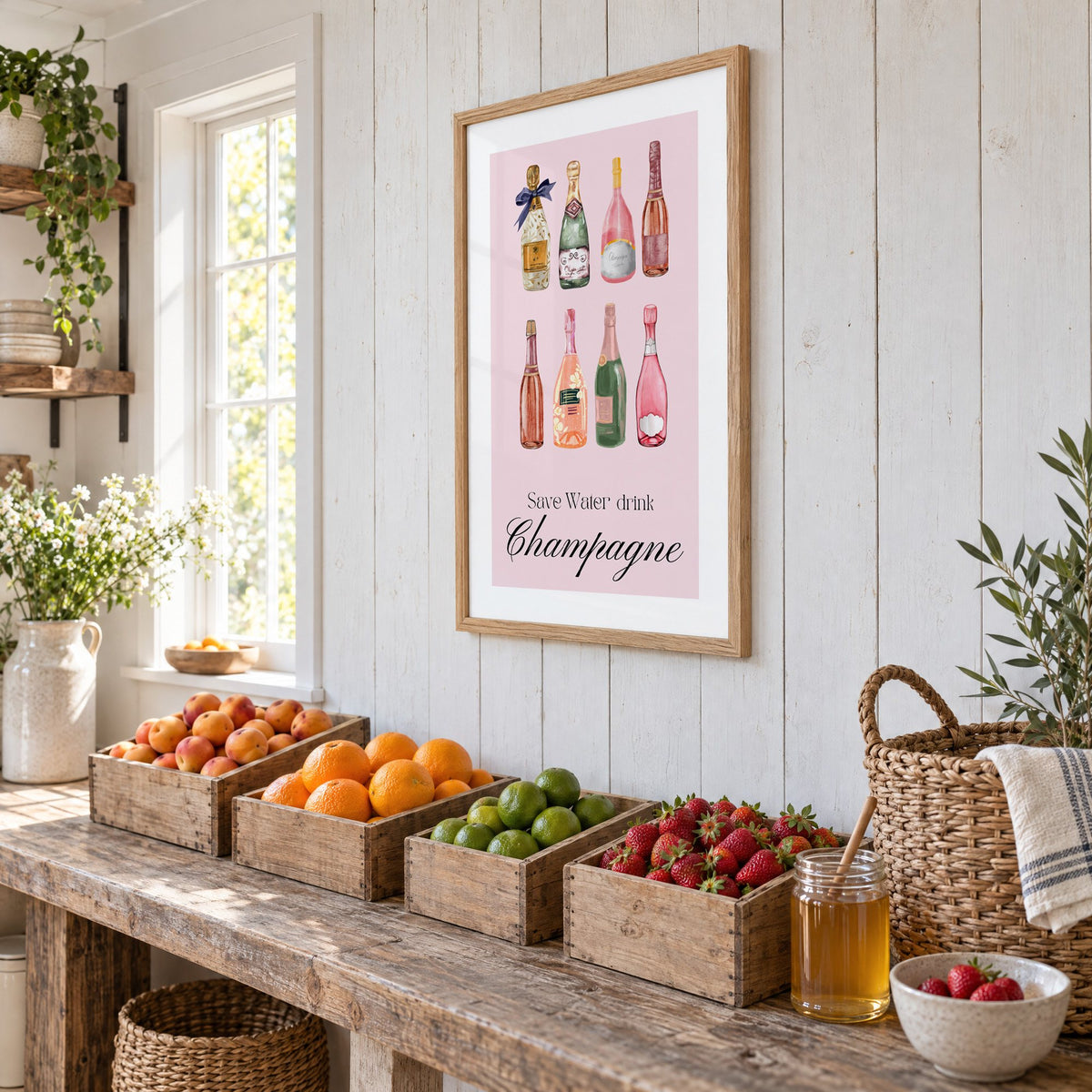 Save Water drink Champagne bottles watercolor print in an oak frame on white plank walls above wooden crates of fresh fruit, seen at an angle
