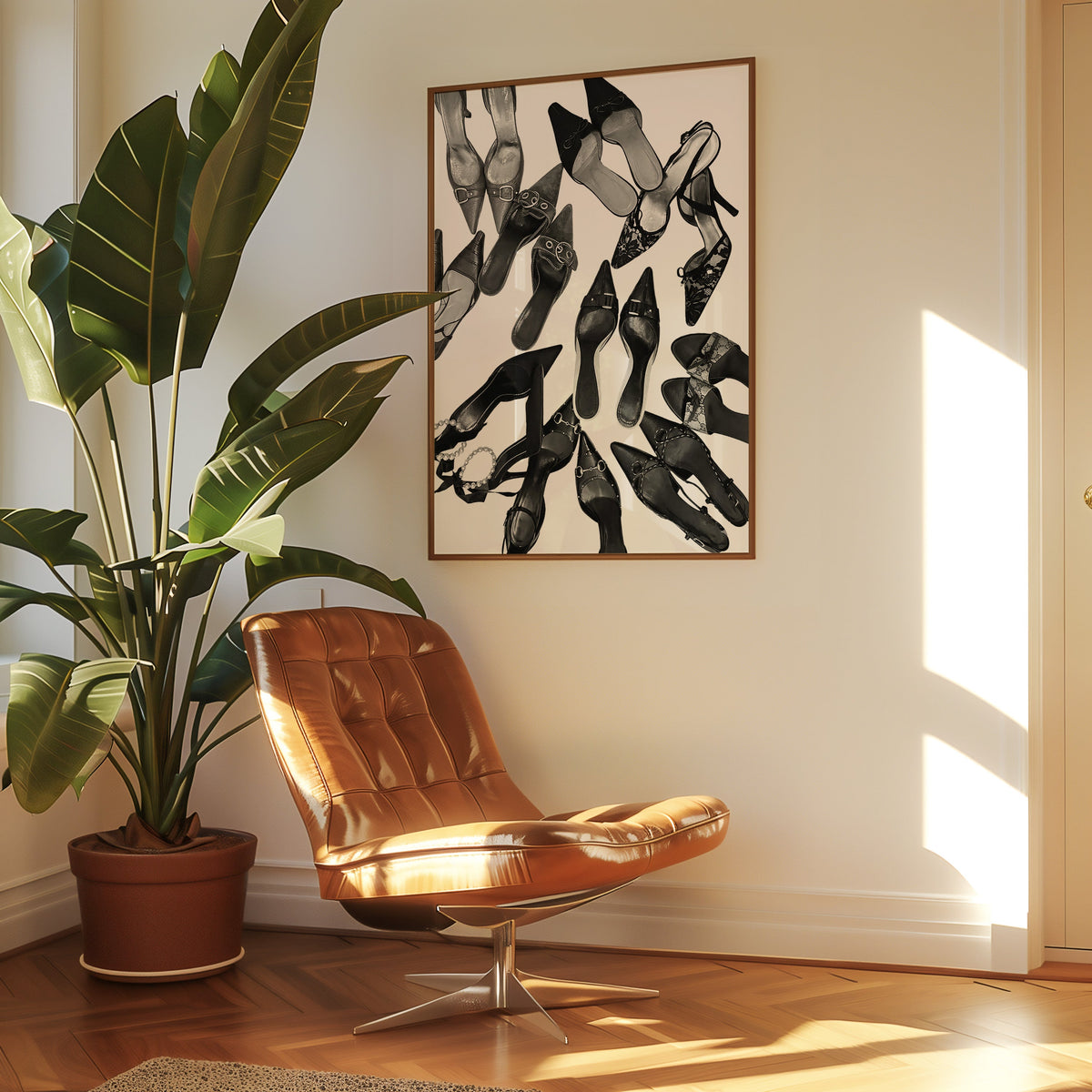 Top-down scattered pointed heels and mules print in a walnut frame above a leather lounge chair