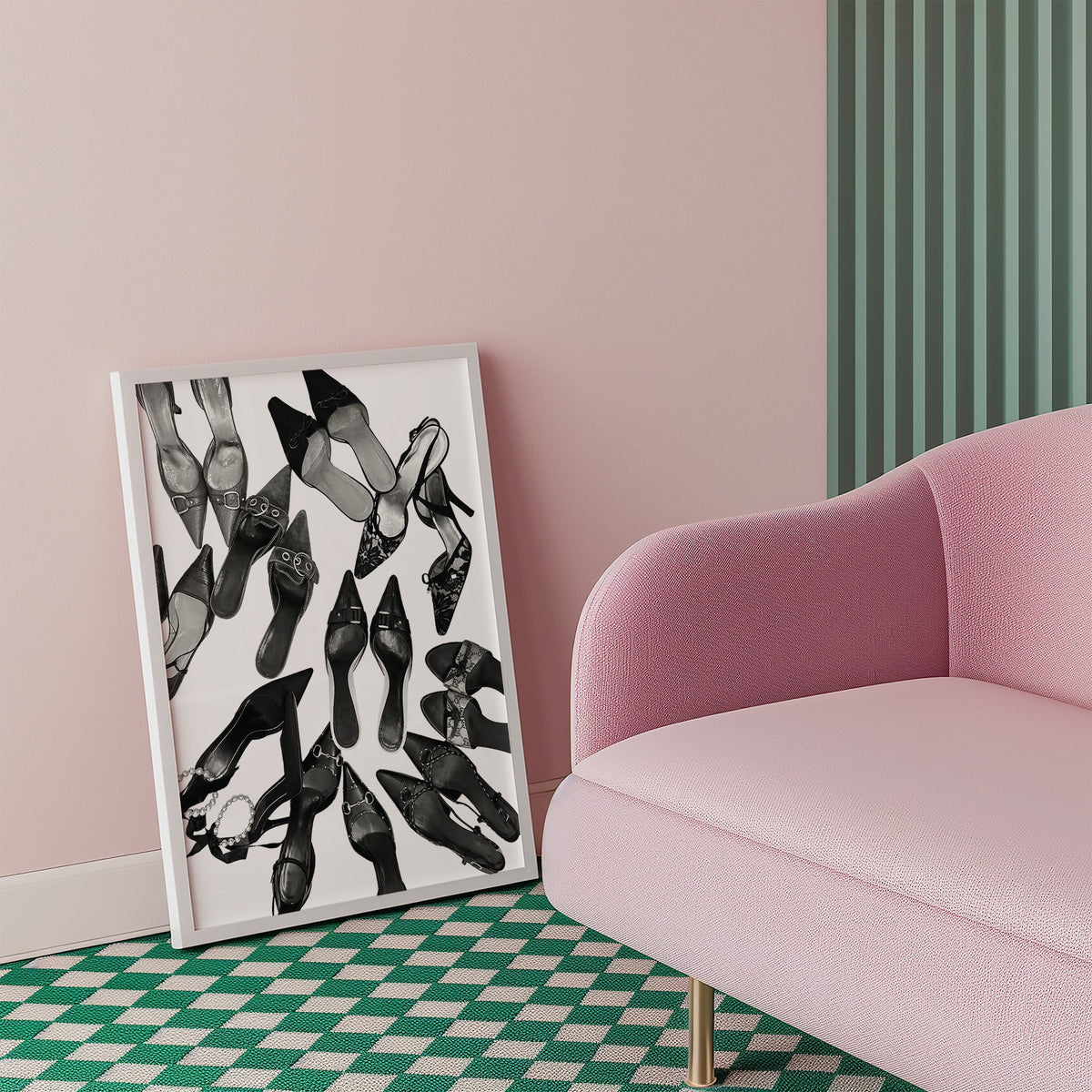 Top-down scattered pointed heels and mules print in a white frame beside a pink armchair on a checkered floor