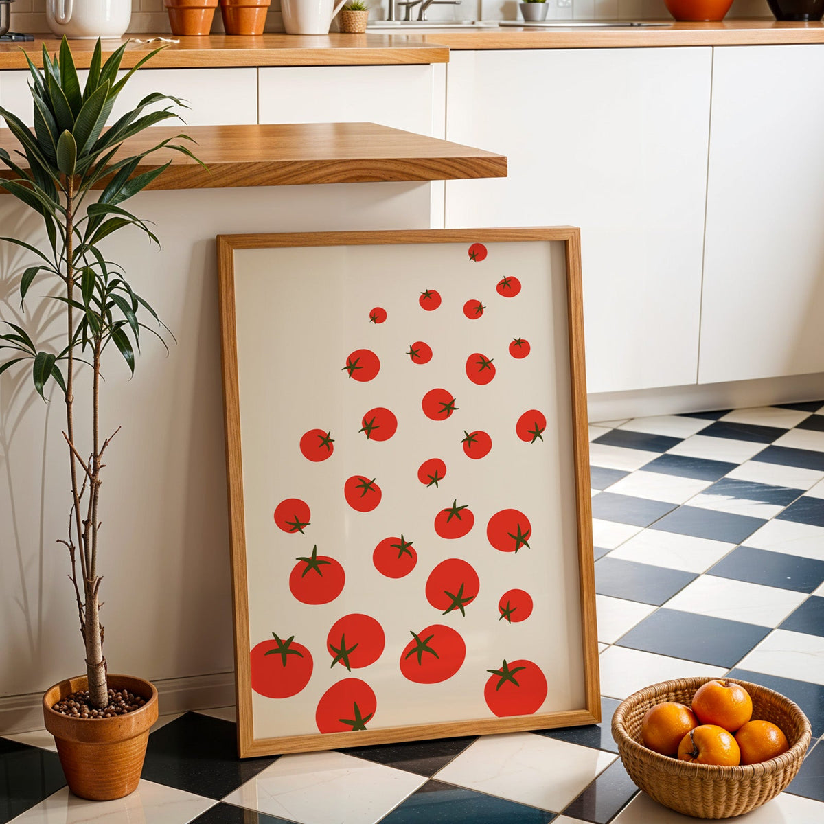 Scattered tomatoes print in an oak frame by a kitchen island and checkered floor