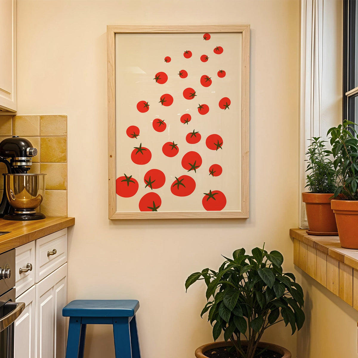 Scattered tomatoes print in a wood frame on a yellow tiled kitchen wall