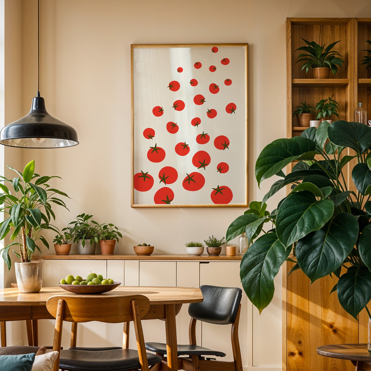Scattered tomatoes print in an oak frame above a sideboard in a plant-filled dining room