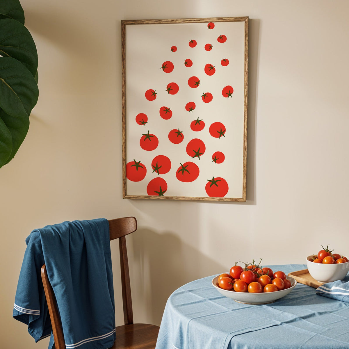 Scattered tomatoes print in an oak frame above a blue linen table with ripe tomatoes