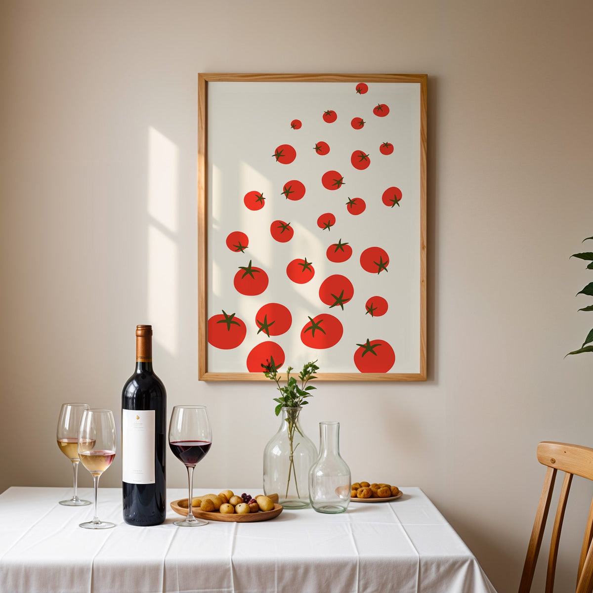 Scattered tomatoes print in an oak frame above a table laid with red wine and glasses