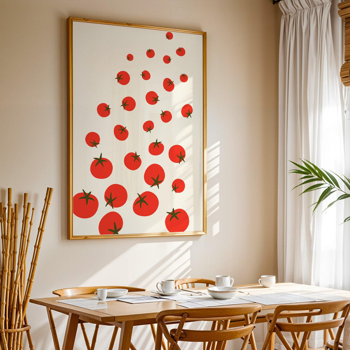 Scattered tomatoes print in a gold frame above a sunlit breakfast table
