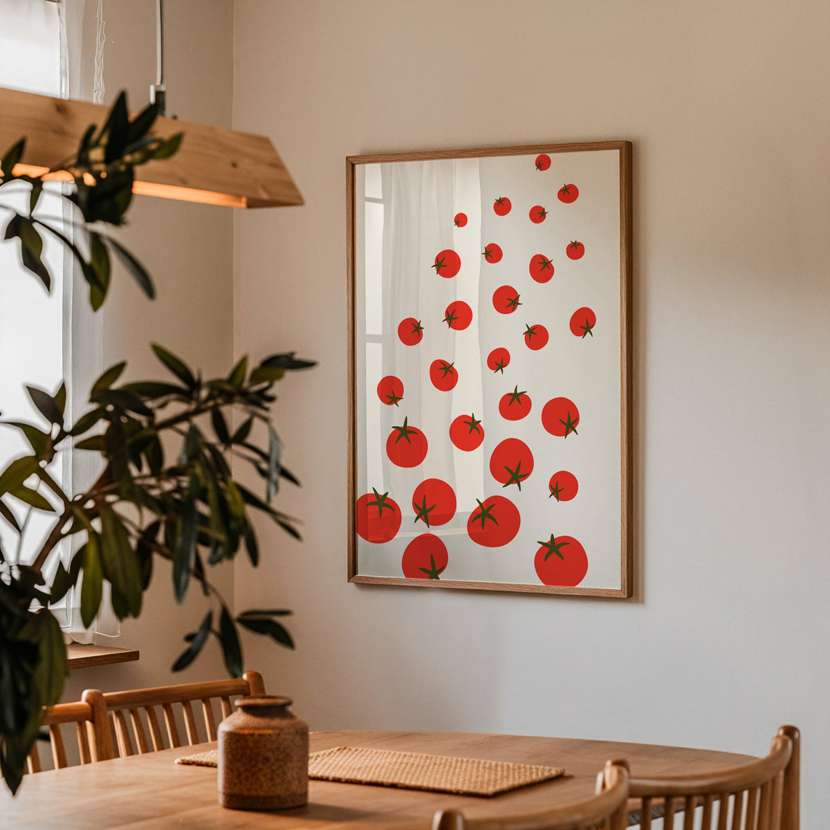 Scattered tomatoes print in a walnut frame above a dining table beside an olive tree