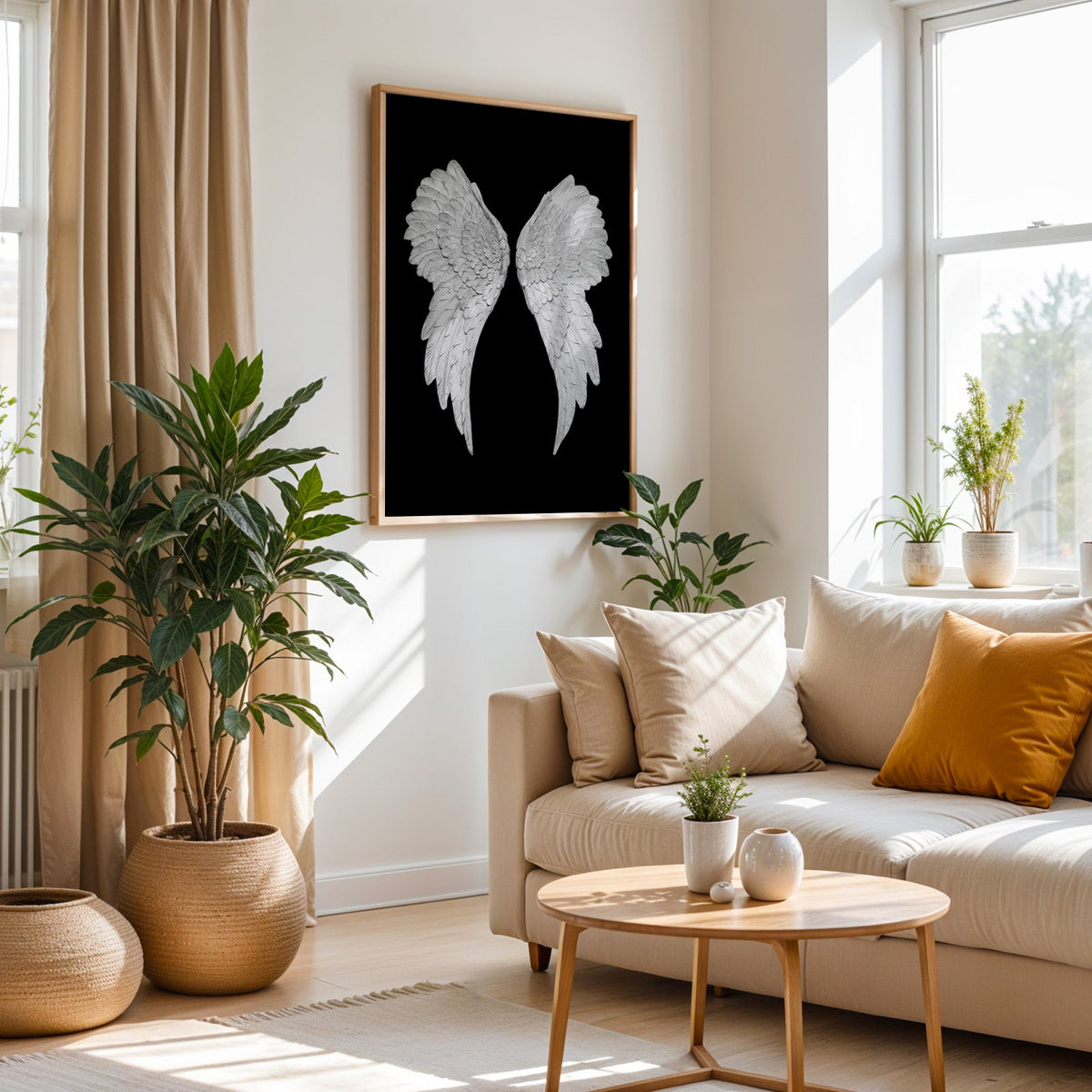 Pair of carved white angel wings on black print in an oak frame above a cream sofa beside woven planters
