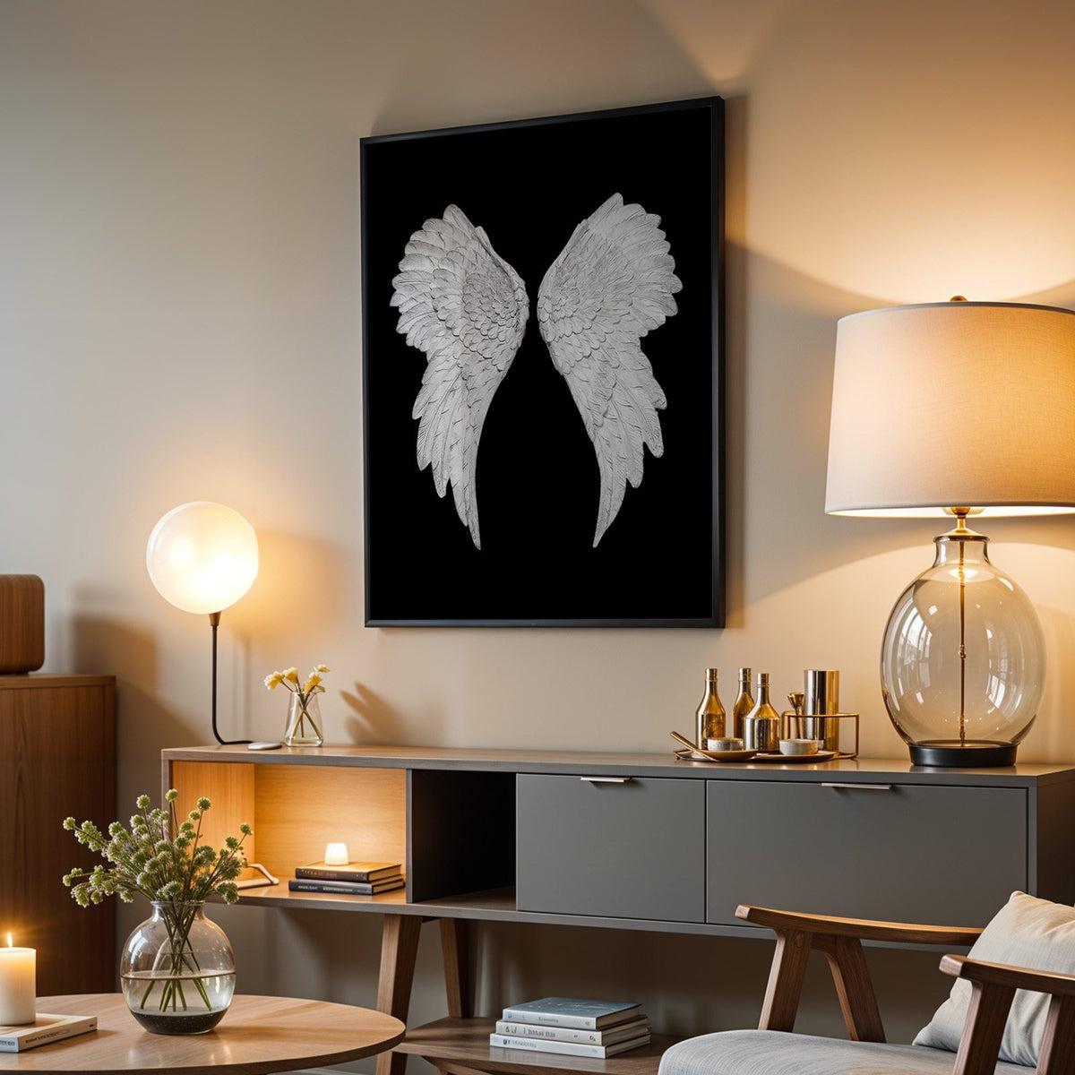 Pair of carved white angel wings on black print in a black frame above a grey media console with a glass table lamp