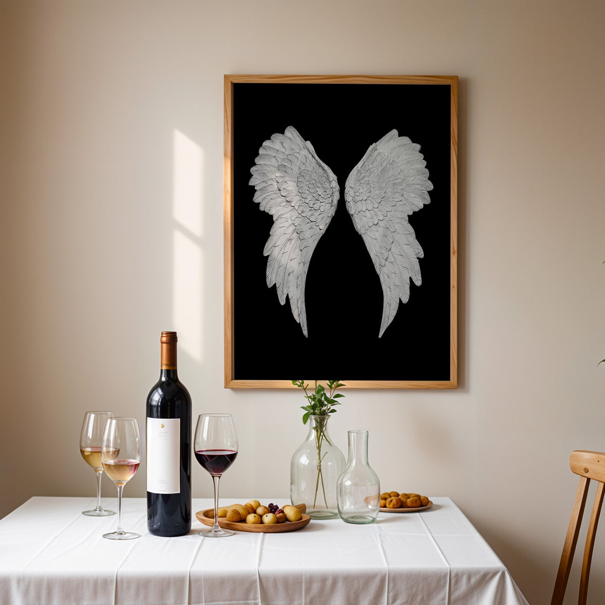 Pair of carved white angel wings on black print in an oak frame above a table set with red wine and glasses