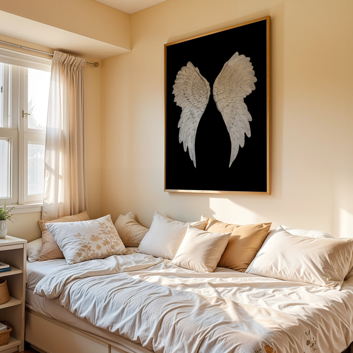 Pair of carved white angel wings on black print in an oak frame above a cream daybed in a sunny bedroom
