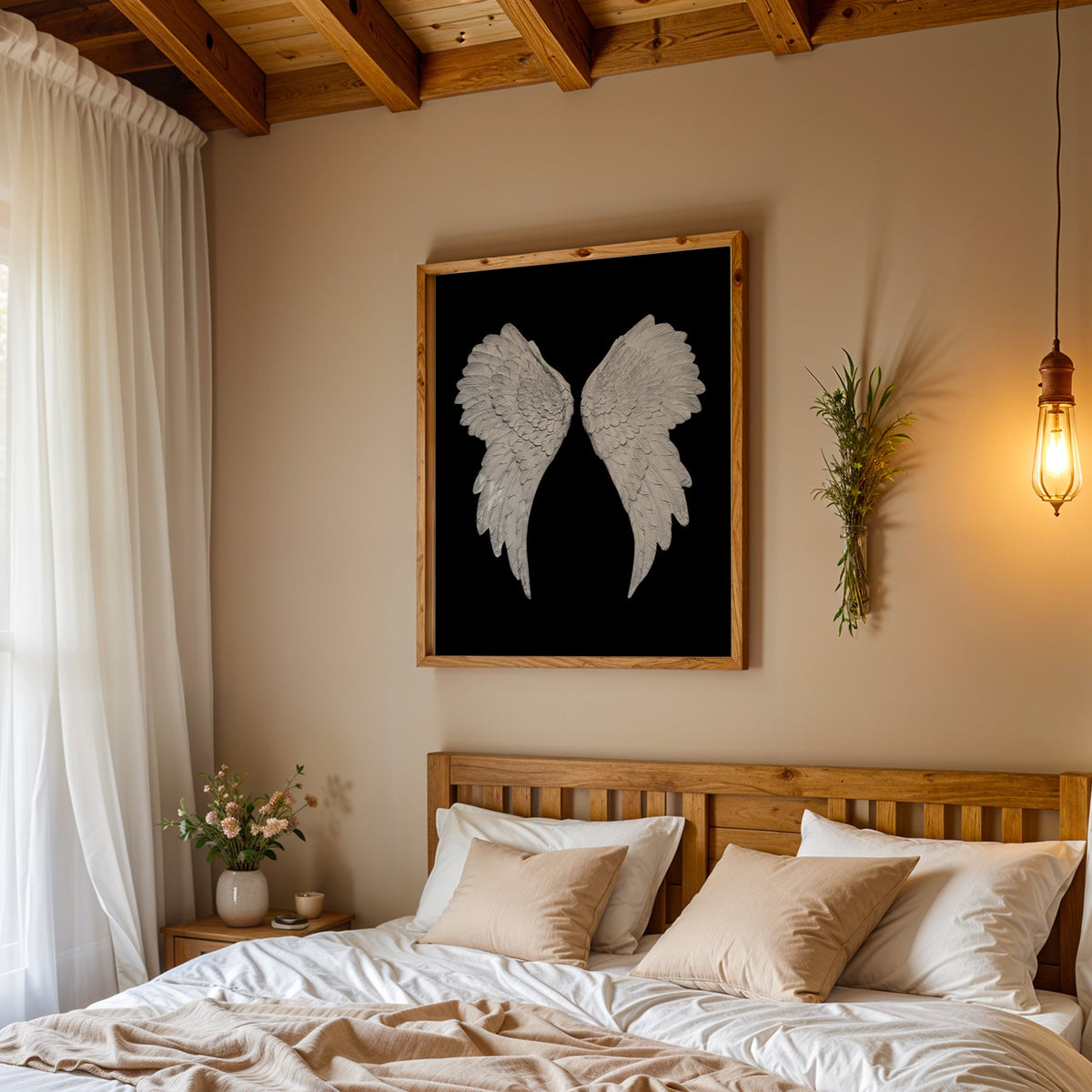 Pair of carved white angel wings on black print in a pine frame above a wood headboard bed under a pendant bulb
