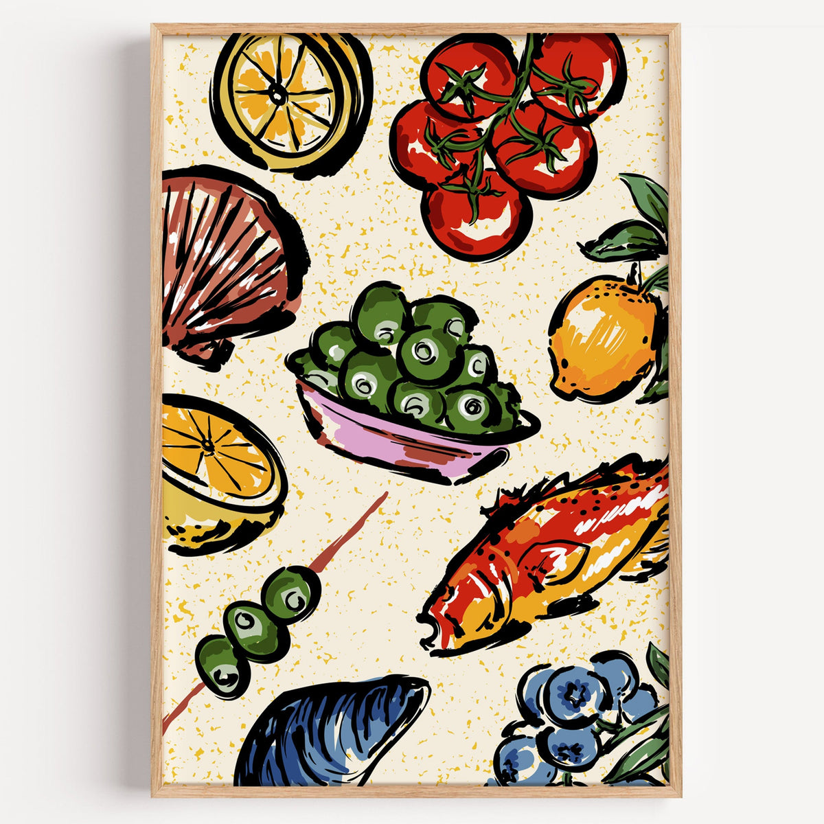 Seafood and citrus market pattern print in a light oak frame on a plain white wall