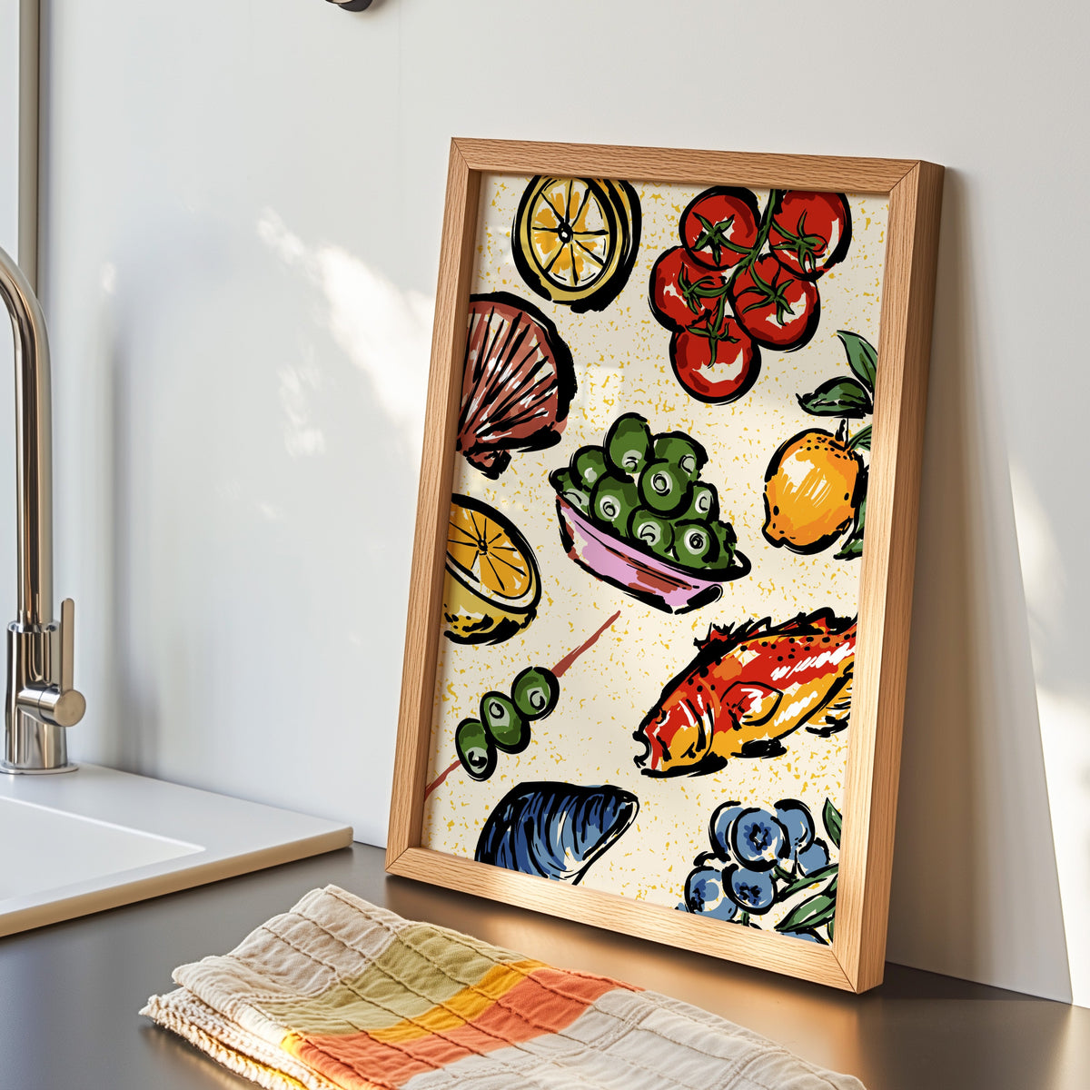Seafood citrus pattern print in an oak frame by the kitchen sink beside a striped tea towel