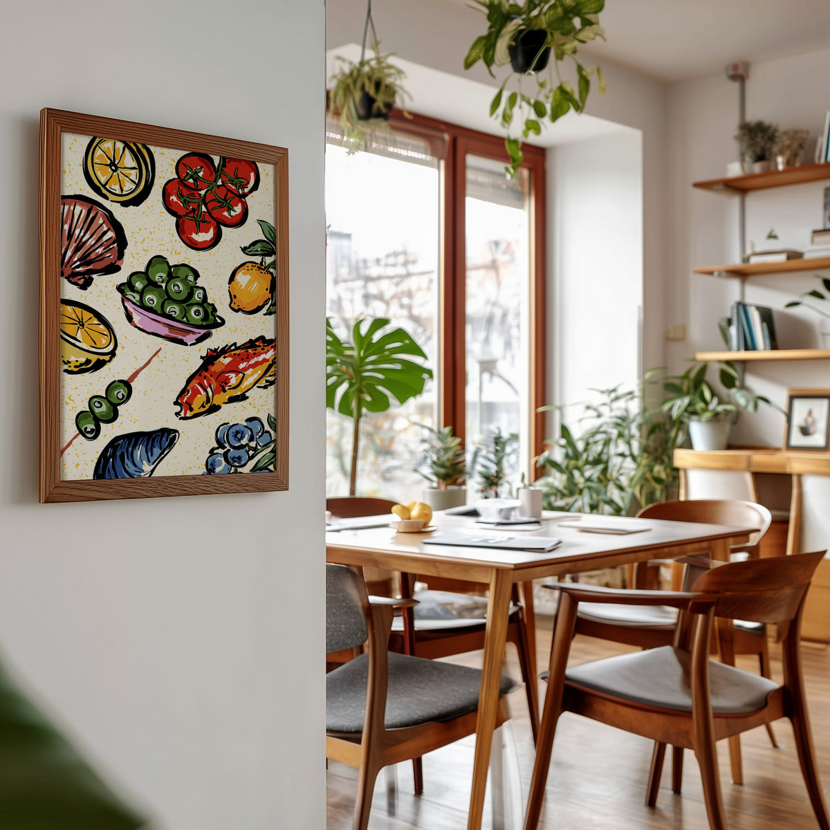 Seafood citrus pattern print in a walnut frame beside a mid-century dining table
