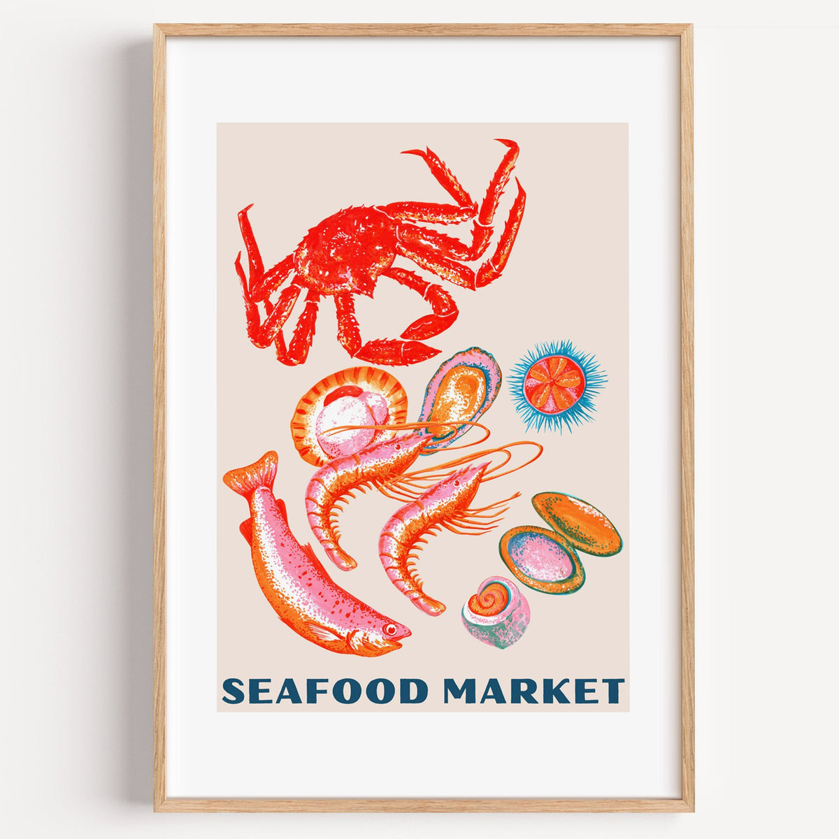 SEAFOOD MARKET gouache crab shellfish print in a light oak frame on a plain white wall