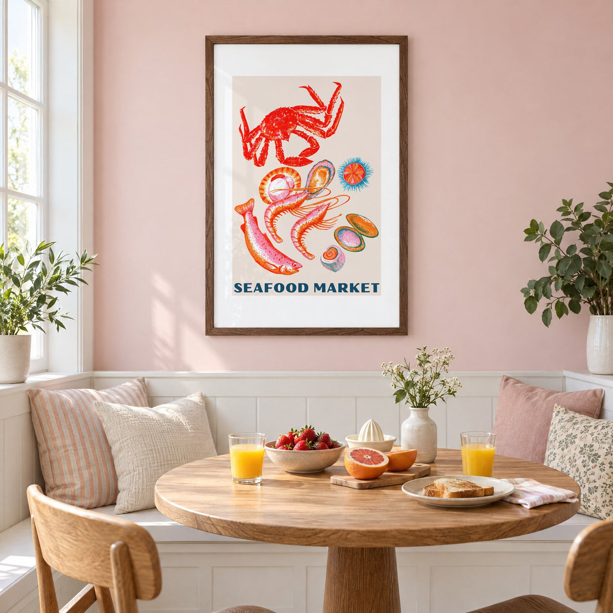 SEAFOOD MARKET gouache crab shellfish print in a walnut frame on a pastel pink wall above a breakfast nook with strawberries and orange juice